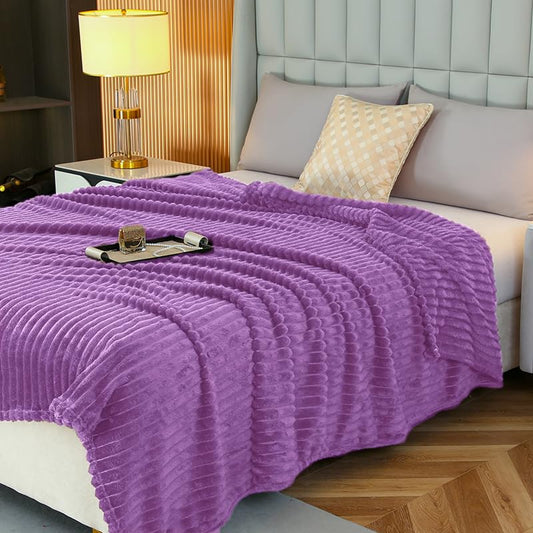 3D Ribbed Jacquard Flannel Fleece Blanket 3cm Ultra Soft Lightweight Throw Blanket Cozy Warm for Bed Sofa Couch All Season Decor (Purple, 80"x90") - color: Purple, size: 80"x90"