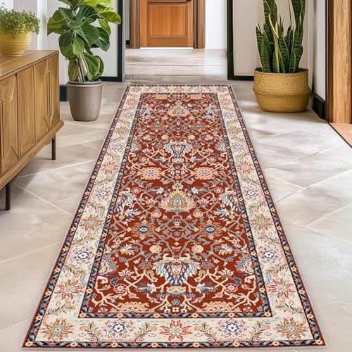 Washable 2x5 Hallway Runner Rug, Non-Slip Low Pile Cozy Kitchen Runner Rug, Brick Red Boho Vintage Floral, Ultra Soft, Stain Resistant, Pet & Kid Friendly Rugs for Bedroom Bathroom Laundry Room - color: Brick Red, size: 2' x 5' (Rectangular)