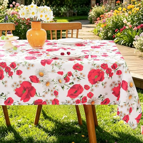 SASTYBALE Spring Summer Tablecloth, 52 x 70 Inches, Rectangle, Red Floral | Reusable, Wrinkle Resistant, Washable ,Texture Fabric Polyester, Indoor & Outdoor, Picnic, Patio, Fits 4-6 Seats - color: Red Flower, size: 70" x 52" (Rectangular)