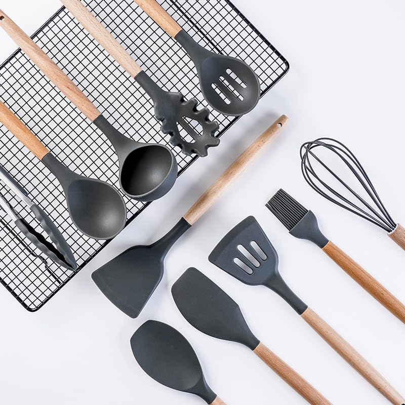 Kitchen Cooking Utensils and Knife Set with Block, 19 Pieces Cooks Cutting Set 11 Silicone Utensils Tool 5 Pcs Sharp Stainless Steel Chef Knives Scissors Whisk Tongs and Cutting Board (Black) - color: Black