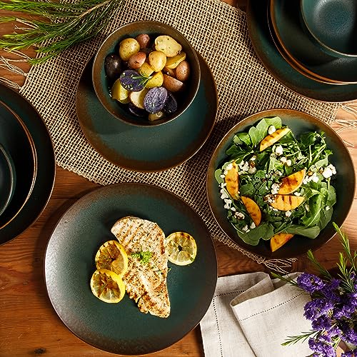 Two Time Oprah's Favorite Things Winner - Palermo Sun Double Bowl Stoneware Reactive Glaze Plates and Bowls Dinnerware Set - Agave Blue, Service for Four (16pcs) - color: Agave Blue