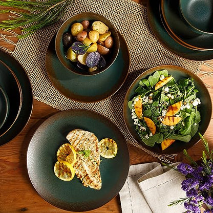 Two Time Oprah's Favorite Things Winner - Palermo Sun Double Bowl Stoneware Reactive Glaze Plates and Bowls Dinnerware Set - Agave Blue, Service for Four (16pcs) - color: Agave Blue