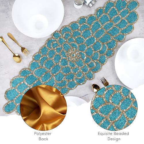 Beaded Table Runner, Blue & Gold, 13x36 | Handmade floral pattern, 85% glass beads, polyester backing, non-slip, dining/console/coffee table, weddings, holidays - color: Teal Gold, size: 36"x13"