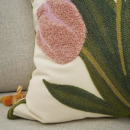 YOUR SMILE Pack of 2 Embroidered Decorative Throw Pillow Cover 18x18 Inch Farmhouse Floral Floor Pillowcase for Couch Living Room Sofa Bed,Pink Tulip