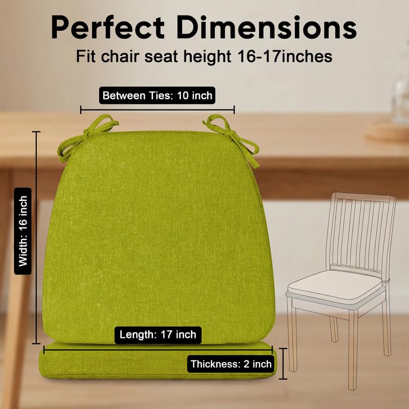 D-Shaped Chair Cushions Set of 1, Chair Pads with Ties, 17" x 16" | 2" Thick Non Slip Seat Cushion for Dining & Kitchen Chairs, 40D Foam, Removable Washable Cover, Fluorescent Green - color: Fluorescent Green