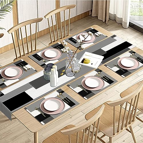 Emvency Table Runner and Placemats Set of 6, Geometric Abstract Modern | Black Grey Art Dining Decor for Daily Use(1 Table Runner 72 inches Long and 6 Placemats) - color: Geometric Grey
