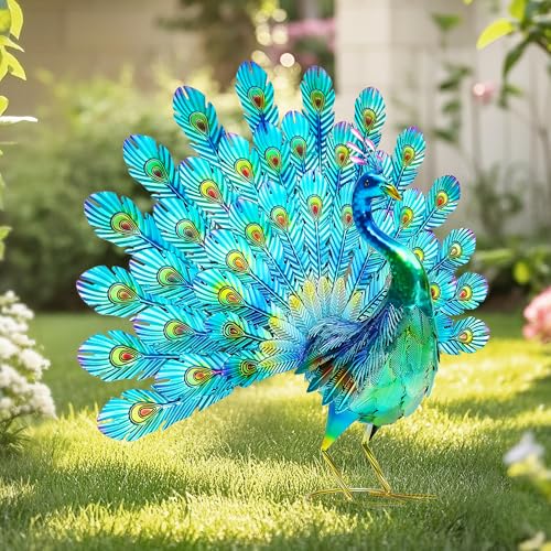 27.5" Metal Peacock Garden Statue with Spread Tail Yard Art | Handmade 3D Textured Peacock Sculpture, Outdoor Metal Yard Art for Patio, Garden, Entryway Decoration. - color: 27.5"h-glossy Green Peacock