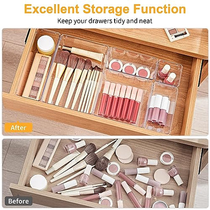 SMARTAKE 13-Piece Drawer Organizers with Non-Slip Silicone Pads, 5-Size | Clear Desk Bathroom Drawer Organizer Trays Storage Tray for Makeup, Jewelry, Utensils in Bedroom Dresser, Office and Kitchen - size: 13 PCS