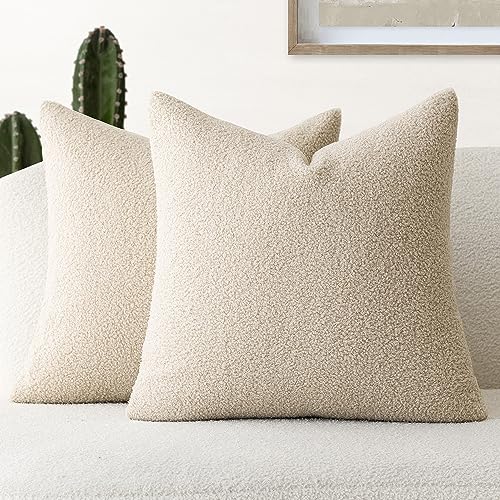 Foindtower Pack of 2, Curly Faux Fur Decorative Throw Pillow Covers Soft Fuzzy Plush Cushion Case with Zipper Cozy Pillowcase for Home Living Room Couch Bed Sofa 16 x 16 Inch, Light Beige - color: Neutral Ivory, size: 16" x 16" (Pack of 2)