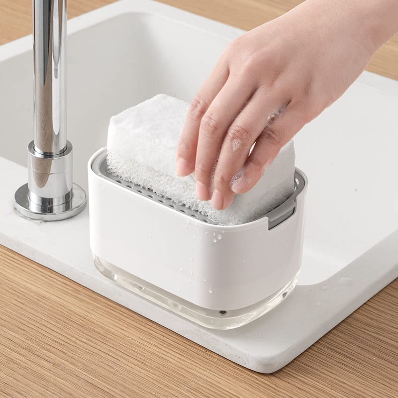 Kitchen Dish Soap Dispenser with Sponge Holder, 2-in-1 Countertop Soap Pump Dispenser, Soap Dispenser for Kitchen Sink with 2-Packs Wire Dishwashing Rag,White - color: White (2-in-1)