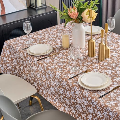 Pioggia Vinyl Tablecloth with Flannel Backing - Waterproof, Oil-Proof, Easy to Clean -Plastic Table Cloth - Perfect for Dining Tables, Kitchen Tables, Parties (Coffee Flowers, 54×72 Inch Rectangular) - color: Coffee Flowers, size: 72" x 54" (Rectangular)