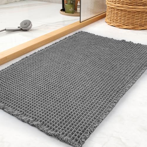 tchdio Waffle Bath Mat, Super Absorbent Non Slip Bath Mat Ultra Soft Bathmat Machine Washable Bath Rugs with Tassels, Beside Tub, 18" x 30" - color: Dark Grey, size: 18" x 30"