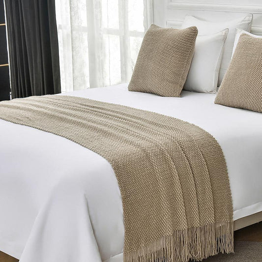 Cotton Knit Bed Runners King Size,Decorative Boho Bed Scarf with Tassel,Soft Solid Color Woven Beds Throw Blanket for Bedroom Home Hotel (Khaki 45x45cm/only Pillowcase) - color: Khaki, size: 45x45cm/only pillowcase