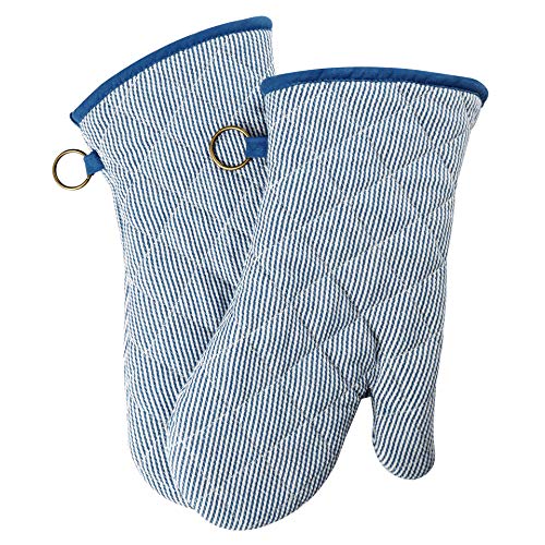 Yarn Dyed Oven Mitts 1 Pair， 100% Cotton Heat Resistant 470 Degree | Oven Gloves for Men Women Cooking Baking Barbecue BBQ Microwave Crafting Machine Washable Pot Holders Mittens (blue2) - color: Oven Mitts - Blue 2