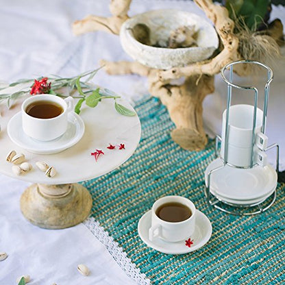 Huji Stack-able Porcelain 3.2 OZ Espresso Turkish Coffee Cups and Saucer Set with Chrome Rack (9 Piece Set) (1)