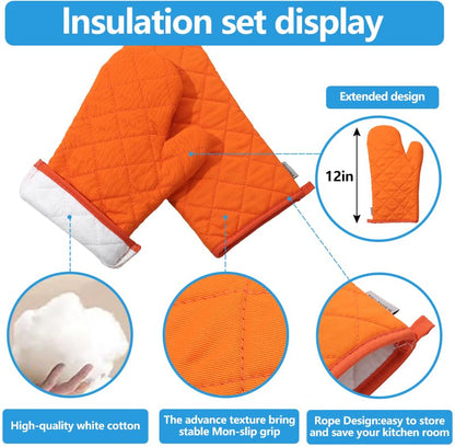 Oven Mitts and Pot Holders 4 pcs Set,High Heat Resistant 500 Degree Extra Thicken Long Kitchen Cotton Oven Glove for Cooking (12 Inch,Orange)… - color: Cotton-orange