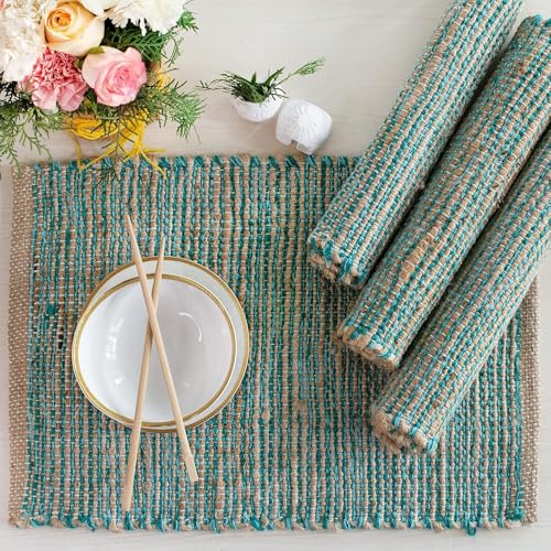 Natural Jute & Aqua Turquoise Placemats, Set of 4 – Rustic Handmade Boho Table Mats, 13x19 in Dining Table Placemats - Kitchen, Everyday Meals, Holidays, Farmhouse or Modern Table Décor - color: Natural Jute-aqua Turquoise, size: 13x19 Inch.