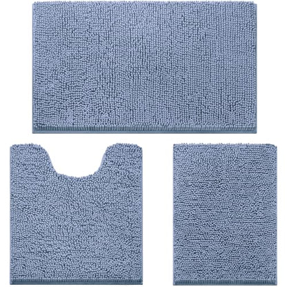 HOMEIDEAS 3 Pieces Bathroom Rugs, Ultra Soft Non Slip Absorbent Chenille Toilet Bath Mat Set (Grey Blue) - color: Grey-blue, size: 17"x24"+20"x32"+U Shape 20"x24"