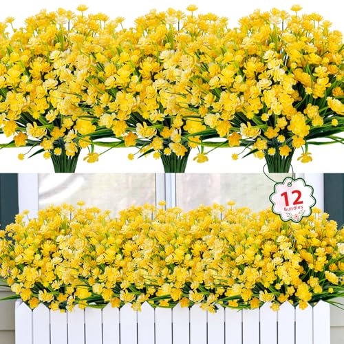 12 Bundles Artificial Flowers for Outdoors Decorations, Yellow | Fake plastic plants, faux greenery stems, UV resistant, for autumn Thanksgiving indoor outdoor garden patio table home decor - color: Yellow, size: 12 Packs
