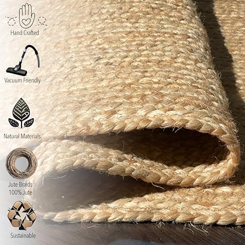 Hand Woven Natural Jute Braided Rug – 6 Ft Round Scalloped Rug | Rustic Boho Farmhouse Reversible Rug for Entryway, Front Door, Kitchen, Nursery, Dining Room, or Patio | Natural Fiber Rug - size: 6' x 6' (Flower)