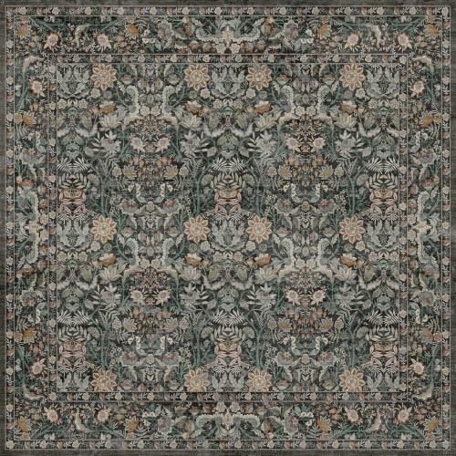 Vintage Botanical 5x5 Square Rug: Floral Carpet Non-Slip - Dark Green | Classic Dark Tone Pattern Fits Compact Living Spaces - Washable, Stain Resistant, Low Pile for Entryway Pet Friendly - color: Dark Green, size: 5' x 5' (Square)