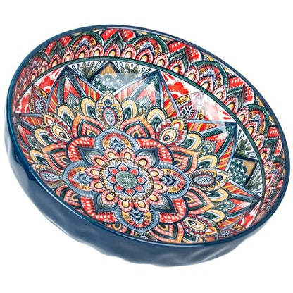 75 Oz Serving Bowls,Bohemian Style Large Porcelain Dishes for Entertaining Parties,Big Bowls for Eating Soup, Salad, Pasta, Fruit, Chips, 10.3 Inch Diameter (blue) - color: Blue