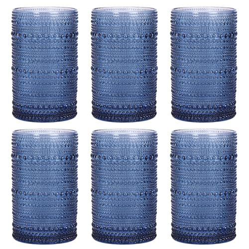 Moretoes 12 Oz Vintage Hobnail Drinking Glasses Set of 6 | Blue Highball Glasses Clear Embossed Boho Water Glass Cups Kitchen Bar Tumbler Glassware Set for Whiskey, Beer, Juice, Milk - color: Blue, size: 6pcs
