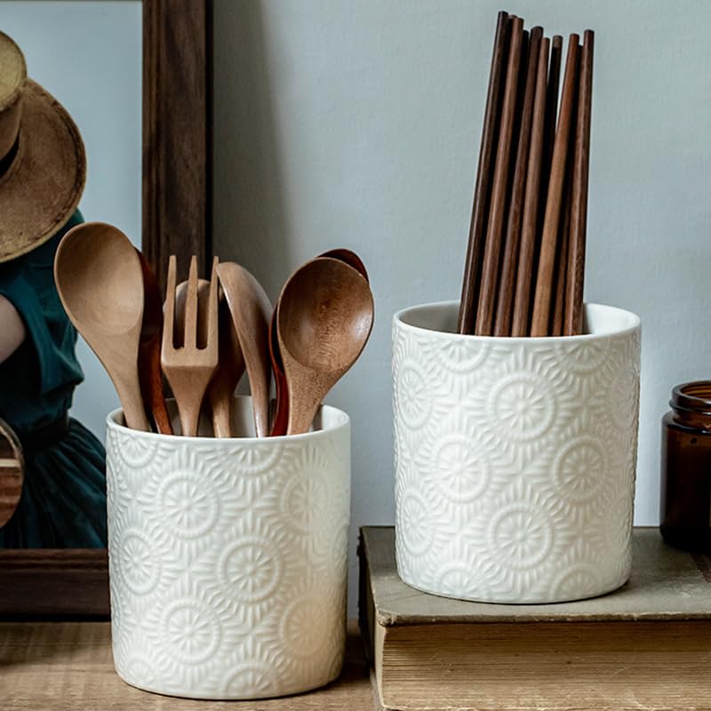 Ceramic Kitchen Utensil Holder, White Embossed Pattern, Farmhouse Style Counter Organizer