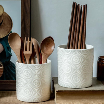 Ceramic Kitchen Utensil Holder, White Embossed Pattern, Farmhouse Style Counter Organizer