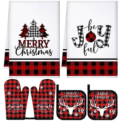 Bencailor 6 Pcs Christmas Kitchen Set Christmas Tree Kitchen Towels Oven Mitts and Pot Holders Set Dish Towel Heat Resistant Oven Mitts for Xmas Decor Cooking Baking Grilling(Tree) - style: Tree