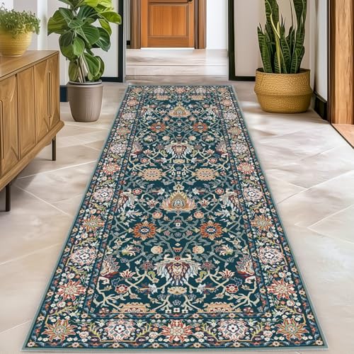 Washable 3x8 Hallway Runner Rug, Non-Slip Low Pile Cozy Kitchen Runner Rug, Dark Green Boho Vintage Floral, Ultra Soft, Stain Resistant, Pet & Kid Friendly Rugs for Bedroom Bathroom Laundry Room - color: Dark Green, size: 3' x 8' (Rectangular)