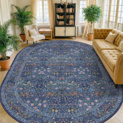 Oval Boho 8x12 Rug for Living Room - Forest Large Area Rug for Dining Room Under Table, Bedroom Under Bed, Vintage Floral Design, Low Pile & Soft Indoor Décor (8x12 Dark Blue) - color: Dark Blue, size: 8' x 12' (Oval)