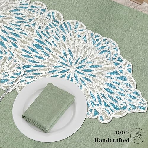 Beaded Table Runner, Sky Blue White, 36x13 | Glass beads on polyester backing, 36x13 in, coastal style, weddings, holidays, farmhouse dining tables - color: Sapphire Salt, size: 36"x13"