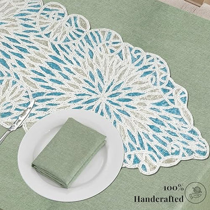 Beaded Table Runner, Sky Blue White, 36x13 | Glass beads on polyester backing, 36x13 in, coastal style, weddings, holidays, farmhouse dining tables - color: Sapphire Salt, size: 36"x13"