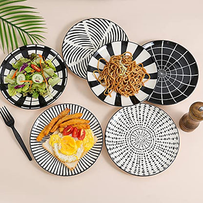 Ceramic Dessert Plates 8 Inch - Salad Appetizer Plate Set of 6 - Modern Japanese Style - Dishwasher and Microwave Safe - Black and White - size: 8 inch