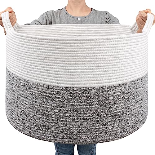 Goodpick Woven Blanket Basket Living Room, Toy Bin for Playroom, 85L | 21.7 x 21.7 x 13.8 In Toy Storage Basket for Nursery, Blanket Basket for Living room, Laundry Basket, Light & Grey - color: Light Grey, size: 21.7x21.7x13.8 Inch (Pack of 1)