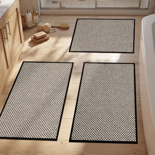 Thin Bath Mat Black Bathroom Rugs Sets 3 Pieces, Non Slip Absorbent Bath Mats Quick Dry, Woven Braided Rugs Washable,Tapetes para Baño for Bathroom,Bathtub(17"x24"+17"x32"+17"x32") - color: Black, size: 3Pieces(17"x24"+17"x32"+17"x32")