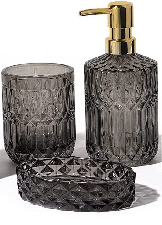 EMPO Bathroom Glass Accessories Set (Lotion Soap Dispenser, Soap Dish, Toothbrush Holder, Tumbler, Cotton Swab Jar) Contemporary Modern Decor Crystal Clear Vintage Gift (3pcs Gray) - style: 3pcs Gray