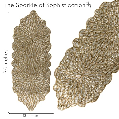 Gold Beaded Table Runner, Metallic, 13x36 | 85% glass beads, 15% polyester backing, handcrafted, shimmering metallic finish, weddings, Christmas, wipe-clean care - color: Silver Golden, size: 36"x13"