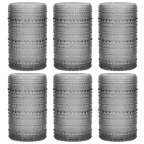 Moretoes 12 Oz Gray Hobnail Drinking Glasses Set of 6 Water Glass Cups | Highball Glasses Embossed Boho Kitchen Bar Tumbler Glassware Set for Whiskey, Beer, Juice, Milk and Various Mixed Drinks - color: Gray, size: 6pcs