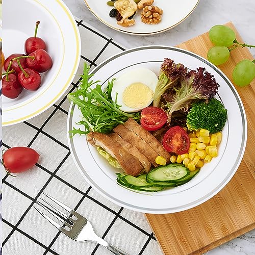 100PCS Plastic Bowls with Silver Rim 12oz Disposable Soup Bowls | Plastic Bowls for Christmas Thanksgiving Premium Dessert Salad Bowls for Wedding/Party/Halloween - color: Silver, style: 100Count