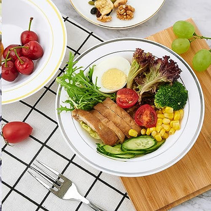 50PCS Plastic Bowls with Silver Rim 12oz Disposable Soup Bowls | Plastic Bowls for Christmas Thanksgiving Premium Dessert Salad Bowl for Wedding/Party - color: Silver, style: 50Count