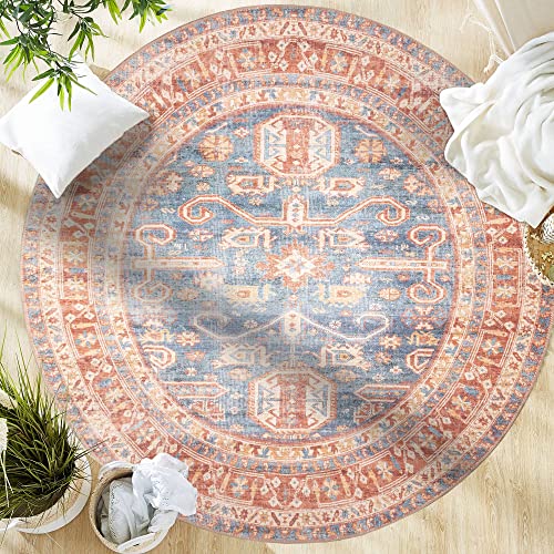 GLN Rugs Bohemian - Jerusalem - Machine Washable Round Rug, Boho Washable, Non Slip, Low Pile Chenille Area Rug, Living Room, Bedroom, Dining Room Rug - Easy Clean (5'3" Round Terra/Slate Blue) - color: Terra/Slate Blue, size: 5'3" (Round)