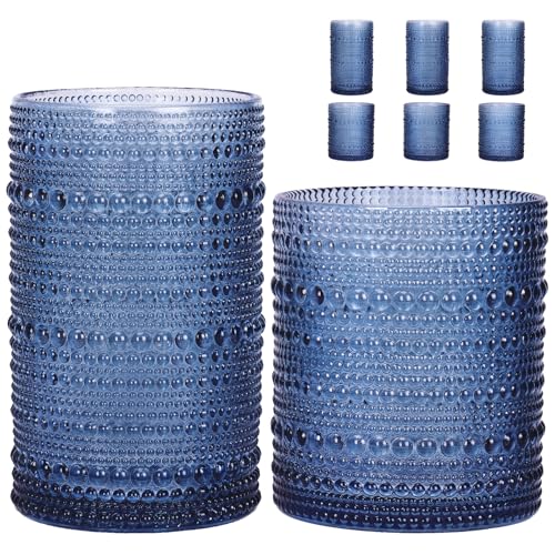 Moretoes Blue Hobnail Drinking Glasses Set of 6, Vintage Glass Cups | 12 Oz Highball Glasses & 10 Oz Cocktail Glasses Embossed Boho Kitchen Bar Tumbler Glassware for Whiskey Beer Juice Milk - color: Blue, size: 6pcs