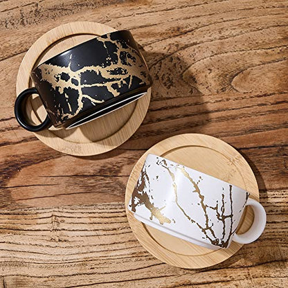 LUKA Porcelain Espresso Cup with Metal Stand, 6 Ounce Stackable Ceramic Demitasse Espresso Mugs Cappuccino Cups Set for Latte,Coffee,Cafe Mocha,Tea(Set of 4) - color: Black & White Marbling