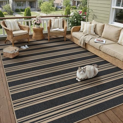 Outdoor Rug 5x7 Washable Striped Jute Look Non Slip Carpet | Black and Tan Stripe Farmhouse Style, Indoor Outdoor Area Rug for Patio, Living Room, Dining Room, Non Shedding, Neutral Rugs - color: Black/Striped, size: 5' x 7' (Rectangular)