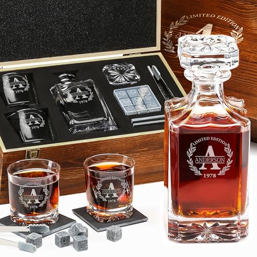 Personalized Old Fashioned Whiskey Decanter and Stones Set | Customized Gift for Him - Men, Dad, Father - Engraved Decanter, Glasses, 9 Granite Stones, Coasters, Tongs, Gift Wooden Box