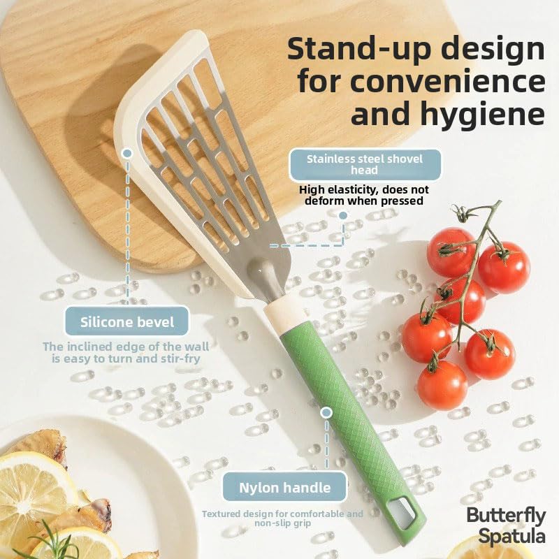 Butterfly Spatula Made of Silicone & Stainless Steel Flexible Curved Edge Slotted Turner for Non-Stick Cookware Egg Steak Pancake Flipper Green - color: Green, size: Set of 1