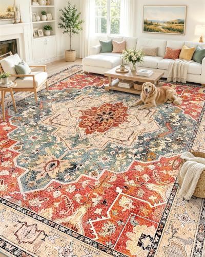 OLANLY 9x12 Washable Area Rug, Soft Non Slip Carpet for Bedroom Living Room | Brick Red Boho Vintage Floral Medallion Farmhouse Rug, Spill & Stain Resistant Low Pile, for Family Room Under Dining Table - color: Brick Red, size: 9' x 12' (Rectangular)