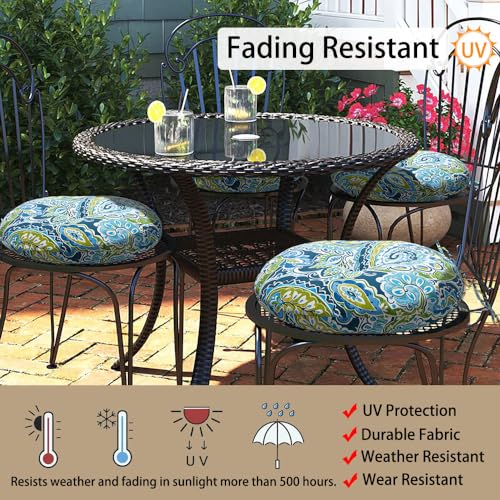 Magpie Fabrics Outdoor Round Bistro Seat Cushions with Ties, 15"x15"x4" Set of 2, Tufted Waterproof Barstool Chair Pads for Patio Home Garden Office, Paisley Lapis Green - color: Paisley Lapis Green